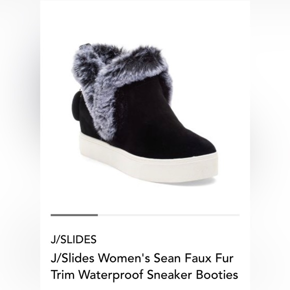 J/Slides Women’s Sean Faux Fur Trim Waterproof Sneaker Booties. Black. - Picture 1 of 4